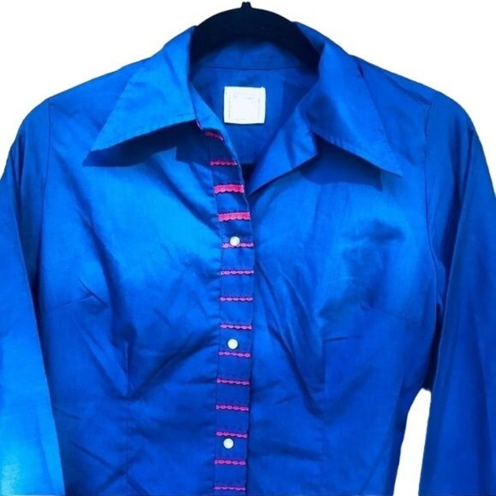 Vintage Karman Western Wear Lantern Sleeve Blue Red Embroidery Button Down Shirt - Picture 2 of 8